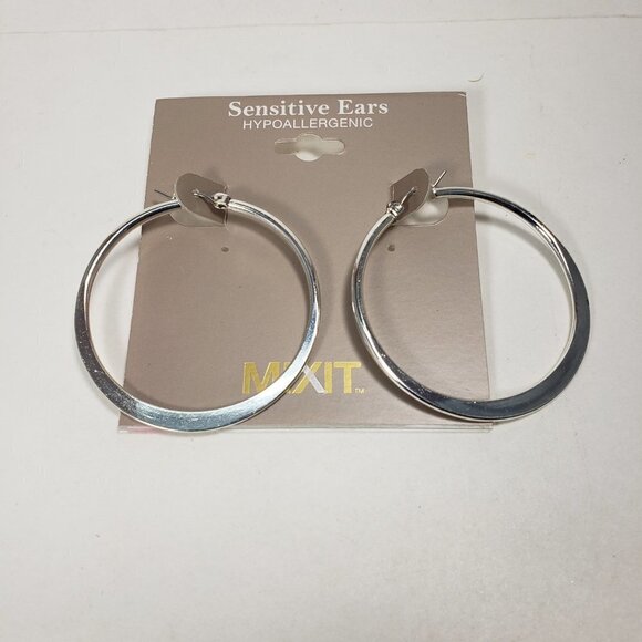 MIXIT Polished Silver tone 1.5 inches Hoop Latch Backs  Earrings - Picture 5 of 7